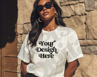 Weiß Komfort Farben Mockup Schwarze Frau Modell Oversized TShirt Mockup