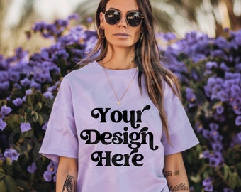 Orchid Comfort Colors CC17 Shirt Mockup CC1717 Oversized Boyfriend Fit Orchid Mockup Lifestyle Outdoors Aesthetic Mockup Edgy Mockup
