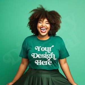 Plus Size Black Model Kelly Green Bella Canvas T-Shirt Mockup, Diverse Mockups, Black Girl Mockup, Plus Size Aesthetic Lifestyle Mockup
