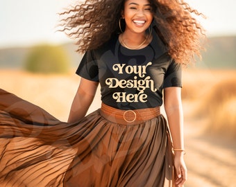 Plus Size Black Model Black Bella Canvas T-Shirt Mockup, Diverse Mockups, Black Girl Mockup, Plus Size Aesthetic Lifestyle Fashion Mockup
