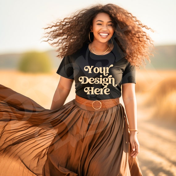 Plus Size Black Model Black Bella Canvas T-shirt Mockup, Diverse