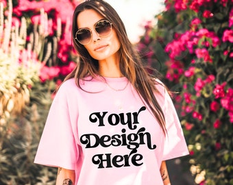 Blossom Comfort Colors CC17 Pink Shirt Mockup CC1717 Oversized Boyfriend Fit Pink Mockup Lifestyle Outdoors Aesthetic Mockup Edgy Mockup