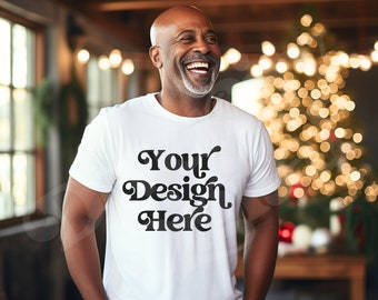 White Gildan 64000 Mockup Senior Black Male Model TShirt Mockup, Diverse Mockups, White Xmas Mens Mockup, Senior Male Christmas Mockup