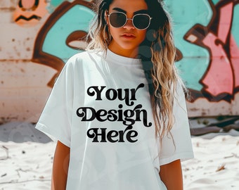 White Comfort Colors CC17 Tattoo Model CC1717 Oversized Boyfriend Edgy Alt Mockup Grunge Mockup Feminist Aesthetic Mockup Edgy Girl Model
