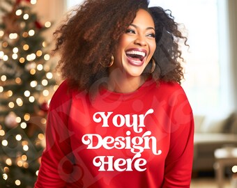Plus Size Christmas Sweatshirt Mockup, Gildan 18000, Black Girl Model (Digital Download)