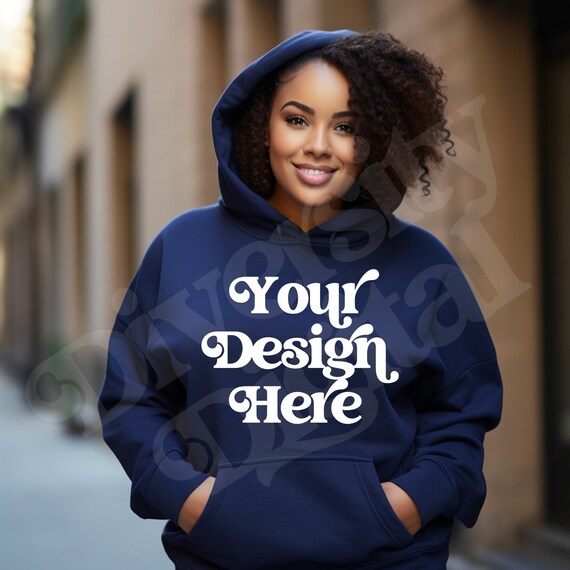 Navy Blue Gildan 18500 Hoodie Mockup, Black Girl Model Hoodie