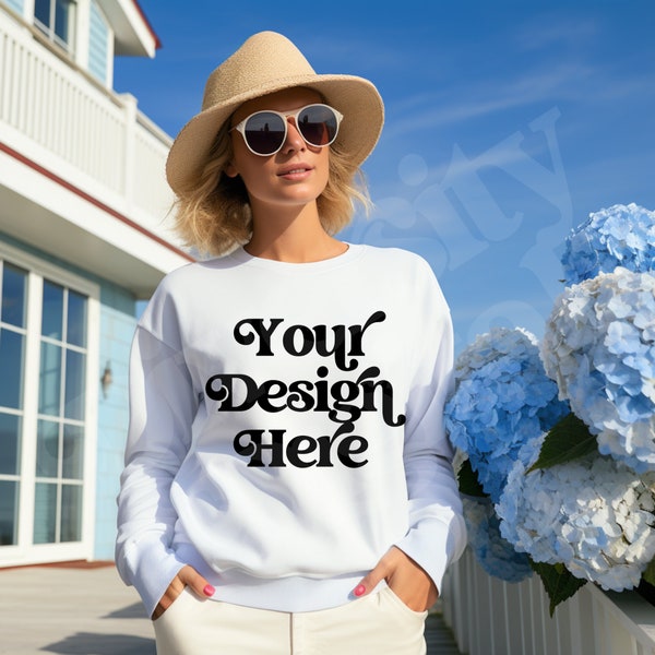 Coastal Granddaughter Mockup White Gildan 18000 Mockup White Gildan Coastal Grandma Sweatshirt Mockup Beachy Mockup Aesthetic Mockup