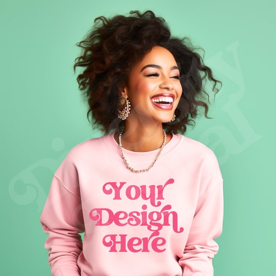 Black Girl Model, Pink Gildan 18000 Mockup, Light Pink Sweatshirt Lifestyle Mockup, African American Mockup, Pink and Green Sorority Mockup