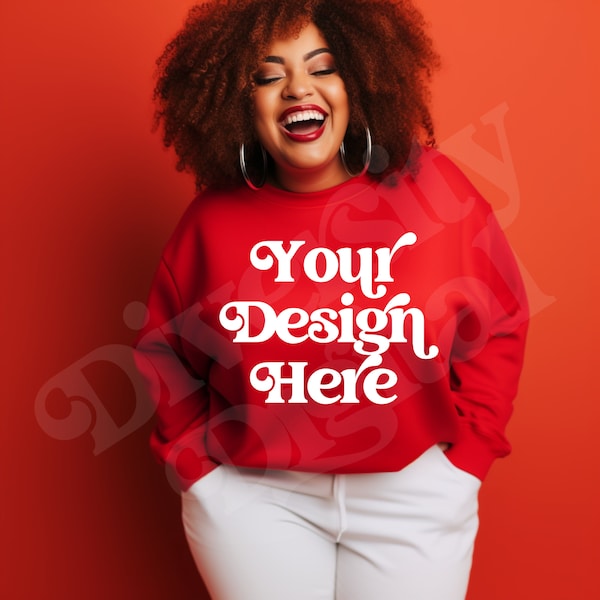 Plus Size Black Model Mockup Red Gildan 18000 Mockup Plus Size Mockup Black Girl Mockup Valentines Day Gildan 18000 Red Aesthetic Mockup