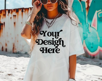 White Comfort Colors CC17 Tattoo Model CC1717 Oversized Boyfriend Edgy Alt Mockup Grunge Mockup Beachy Aesthetic Mockup Edgy Girl Model