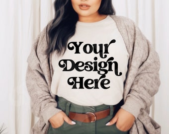 Plus Size Black Model Natural Bella Canvas T-Shirt Mockup, Diverse Mockups, Black Girl Mockup, Plus Size Aesthetic Lifestyle Fashion Mockup