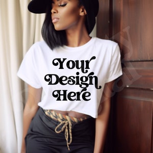 Black Girl Model Lifestyle Aesthetic Mockup White Bella Canvas 8882 Crop Top Mockup Black Girl Mockup African American Model White Crop Top