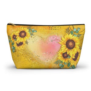 Sunflowers and Heart Accessory Pouch | Colorful Cosmetic Bag, Makeup Organizer, Gift for Her, Travel Essentials, Floral Print Pouch