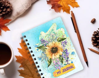 Sunflower and Purple Buds: Ethereal Watercolor - My Journal - Spiral Bound Notebook/Journal