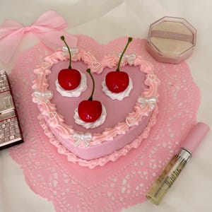 Pink Coquette Cherry Heart Decor Box With Mirror - Vintage Unique Decor Fake Cake Trinket Jewelry Box