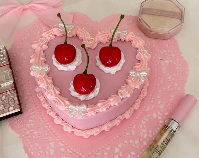 Pink Coquette Cherry Heart Fake Cake  Decor Box With Mirror - Vintage Trinket Jewelry Box, Cute Vanity Decor Gift