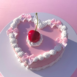Ribbon Coquette Cherry Heart Fake Cake Decor Box - Vintage Decor Fake Cake Trinket Jewelry Box