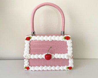 Pink Cherry Fake Cake Crossbody Handbag  - Vintage Aesthetic Decor Purse With Adjustable Straps