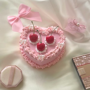 Pink Coquette Cherry Heart Decor Box With Mirror - Vintage Unique Decor Fake Cake Trinket Jewelry Box