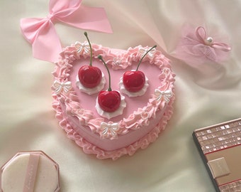 Pink Coquette Cherry Heart Decor Box With Mirror - Vintage Unique Decor Fake Cake Trinket Jewelry Box