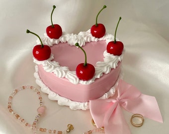Vintage Cherry Heart Decor Box With Mirror - Unique Decor Fake Cake Trinket Jewelry Box