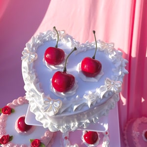 White Cherry Heart Decor Box - Coquette Decor Box With Mirror - Vintage Unique Decor Fake Cake Trinket Jewelry Box