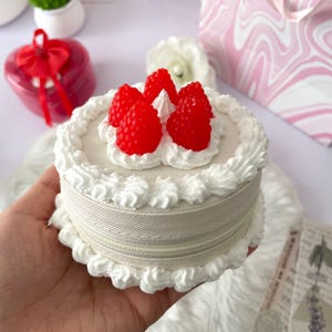Raspberry Creme Fake Cake Zippered Jewelry Box - Vintage Decor Cake-Shaped Trinket Jewelry Box