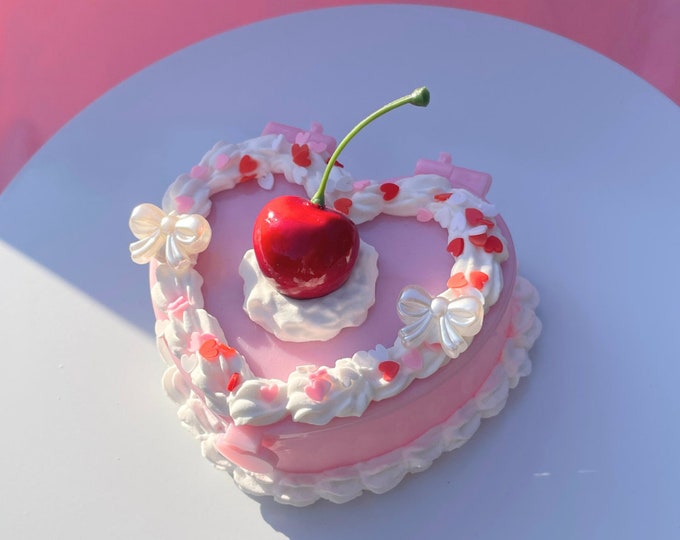 Erdbeer Konfetti Herz Gefälschte Kuchen Schmuckschatulle mit Spiegel, Erdbeer Kirsch Trinket Box, Kokette Kawaii Dekor