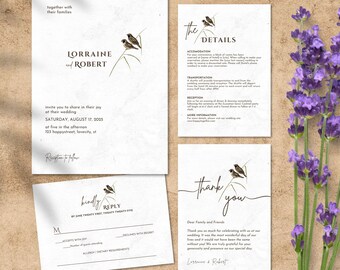 Pode incluir: Um conjunto de convites de casamento com um tema rústico. O convite apresenta um design simples com os nomes Lorraine e Robert, a data do casamento e o local. O cartão RSVP apresenta um design simples com uma ilustração de um pássaro. O cartão de agradecimento apresenta um design simples com o texto "Obrigado" e os nomes Lorraine e Robert.