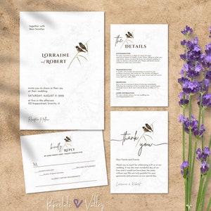 Ensemble de mariage élégant et minimaliste de modèles d'oiseaux d'amour, faire-part de mariage modifiable, RSVP, détails, carte de remerciement, suite de mariage imprimable