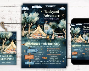 Backyard Sleepover Birthday Invitation Template: Watercolor Tent (Digital Download)
