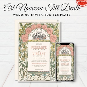 Bearbeitbare Jugendstil Hochzeitseinladung Vorlage | Skelette, Retro, Vintage, Elegant, Art Deco | Sofort Download