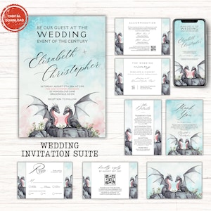 Dragon Love Template Wedding Invitation Suite | Printable Wedding Set | Medieval Wedding RSVP, Details | Instant Download