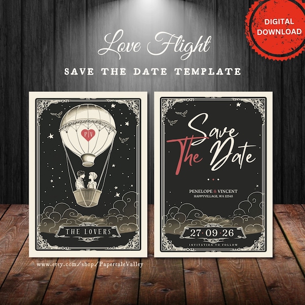 Love Flight Wedding Save the Date Invitation Template | Hot Air Balloons Save the Date | Vintage Couple Wedding Invite | Instant download