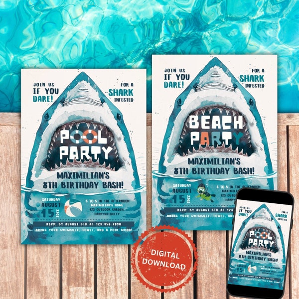 Shark Birthday Party Invitation: Beach or Pool (Digital Download)