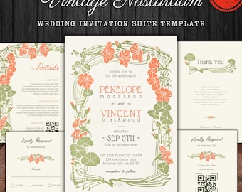 May include: Vintage wedding invitation suite template featuring a floral design with nasturtium flowers in shades of green and orange. The text reads "Vintage Nasturtium Wedding Invitation Suite Template" and includes the names Penelope Morrison and Vincent Blackwood, the date September 5th, and the location Dreamy Flowers Plaza.