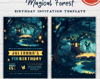 May include: A printable birthday invitation template featuring a magical forest scene with a treehouse, a book, and a stream. The text on the invitation reads "Magical Forest Birthday Invitation Template" and "Julianna's 7th Birthday".