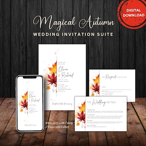 PRINTABLE Watercolor Autumn Leaves 1 Wedding Suite Template |  Electronic Wedding Invitation | RSVP | Wedding Set | Bundle | Download | WAL2