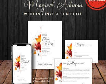Watercolor Autumn Leaves Wedding Invitation Suite (Digital Download)