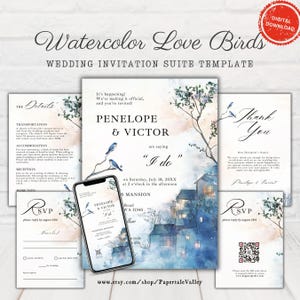 Editable Watercolor Love Birds Wedding Invitation Suite Template | Printable, Elegant, Artistic Invite, RSVP, Thank You | Instant Download