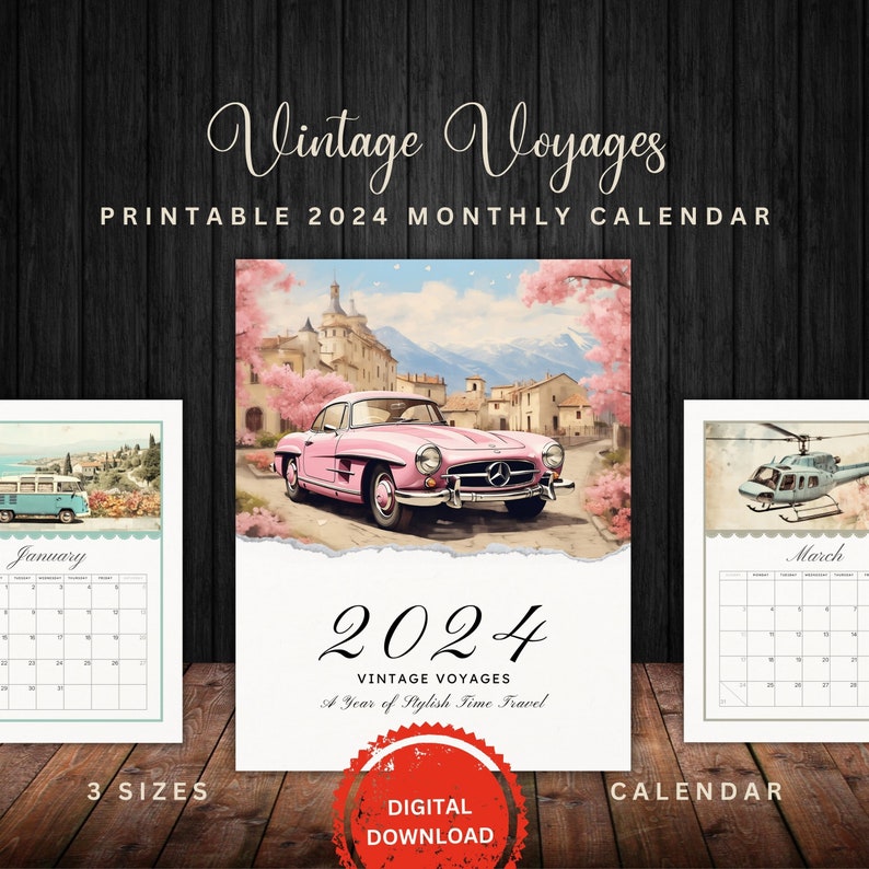 Vintage Voyages 2024 Printable Calendar Planner Vintage Transportation