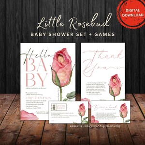 de Petite invitation de fête de naissance bouton de rose | Jeux de baby shower | Ensemble floral pour baby shower | Imprimable | Modifiable | Téléchargement instantané