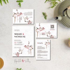 Japanese Sakura Template Wedding Set, Minimalist Floral Editable Wedding Invitation, RSVP, Details, Thank You Card, Printable Wedding Suite
