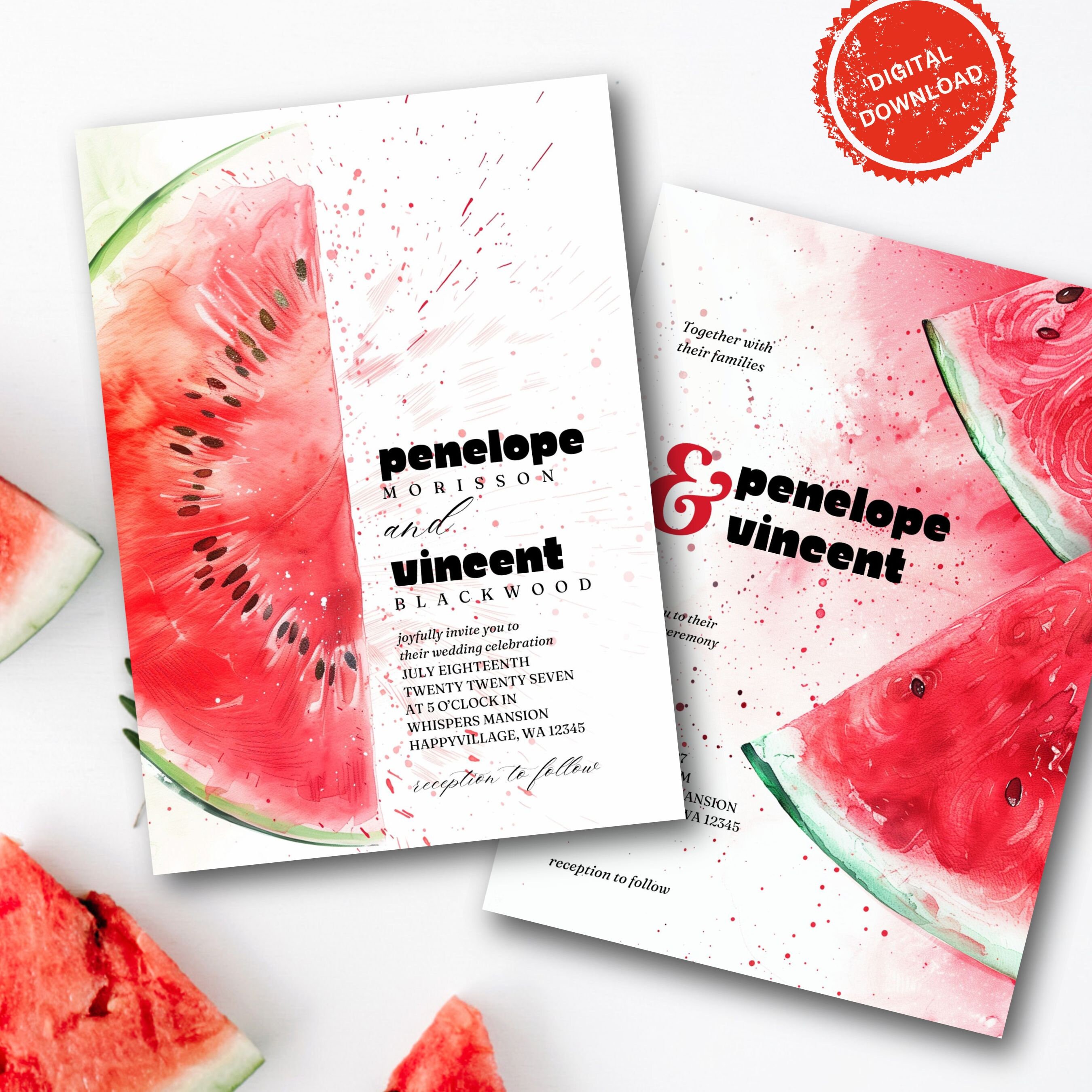 Watercolor Watermelon Wedding Invitation Template (Digital Download)