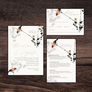 Modello modificabile di uccelli innamorati, modello di invito per matrimonio stampabile / RSVP, scheda dei dettagli / download immediato