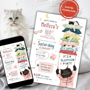 MODÈLE MODIFIABLE d'invitation de fête d'anniversaire de sommeil de | Soirée pyjama | Chats amusants, oreillers de fête | Fête d'enfants et d'adolescents | Téléchargement instantané