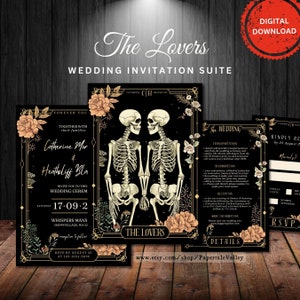 The Lovers Tarot Card Wedding Invitation Suite Template | Skeleton Wedding Suite | Gothic Wedding | Instant download | TLT1