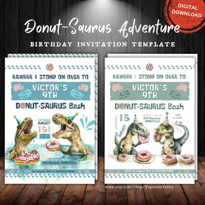 Peut inclure: Une invitation d'anniversaire pour un 9ème anniversaire sur le thème des dinosaures. L'invitation représente deux dinosaures tenant des beignets et le texte "Donut-Saurus Adventure". L'invitation est pour une fête le 15 août de 15h00 à 17h00 au domicile de Victor.