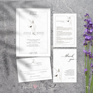 Elegante minimalistische dwergpapegaaien 2 sjabloon bruiloft set, bewerkbare bruiloft uitnodiging, RSVP, details, dank u kaart, afdrukbare trouwsuite
