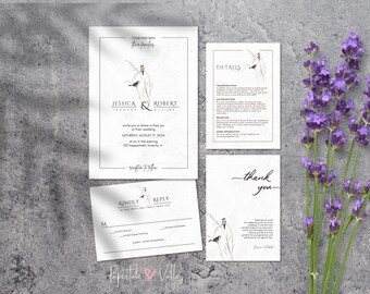 Pode incluir: Conjunto de convites de casamento com um design minimalista que apresenta uma ilustração de um pássaro. O cartão de convite inclui os nomes Jessica e Robert, a data do casamento e o local. O cartão RSVP inclui uma seção de resposta. O cartão de detalhes inclui informações sobre a cerimônia de casamento, a recepção e a acomodação. O cartão de agradecimento inclui uma simples mensagem de agradecimento.